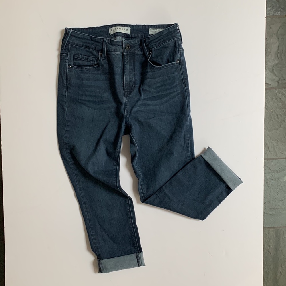 Bullhead high rise skinniest dark wash cropped raw hem capri denim jeans